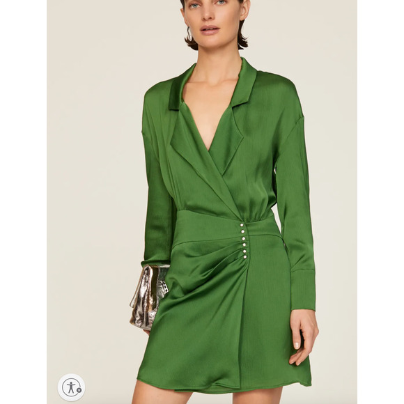 BA&SH Green Mini Shirt Dress XS Wrap Designer Cocktail Satin Ruched Holiday $340 - Picture 1 of 12